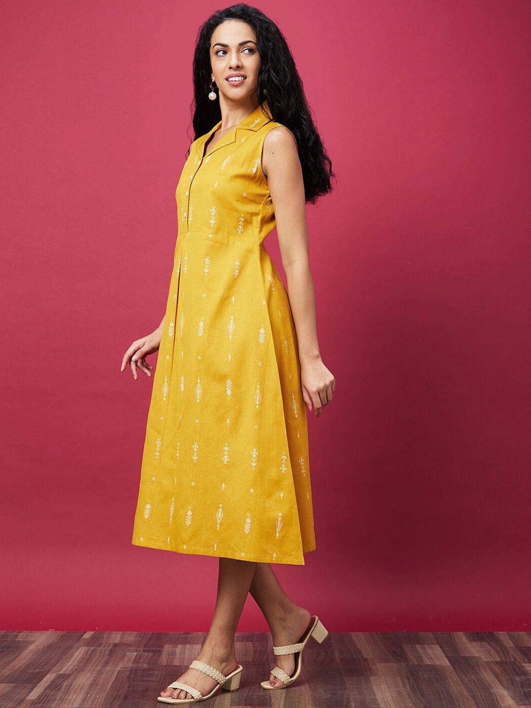 globus yellow ethnic motifs printed cuban collar a-line ethnic dress