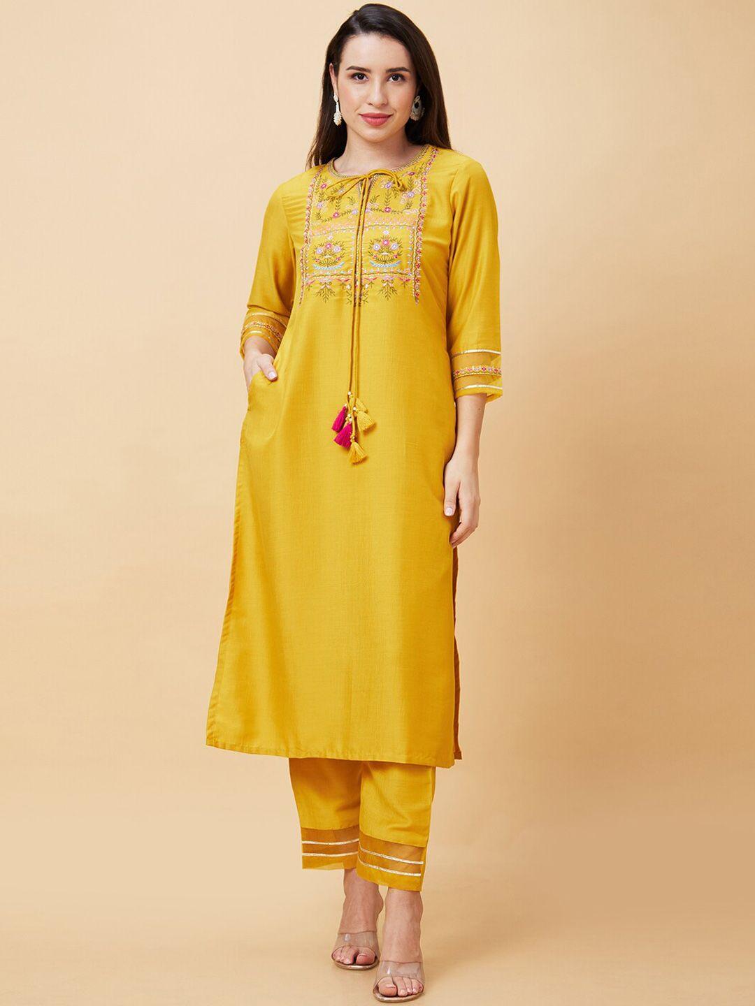 globus yellow floral embroidered keyhole neck regular straight kurta with trousers