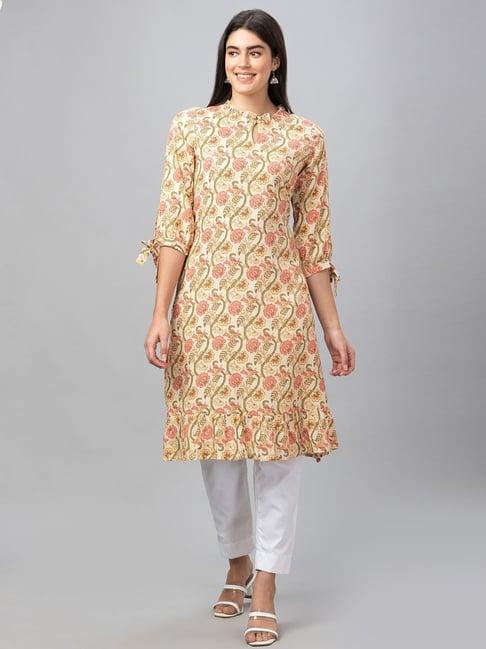 globus yellow floral print a line kurta