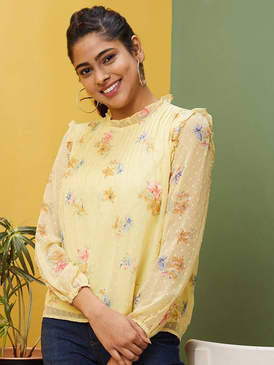 globus yellow floral printed high neck puff sleeve georgette top