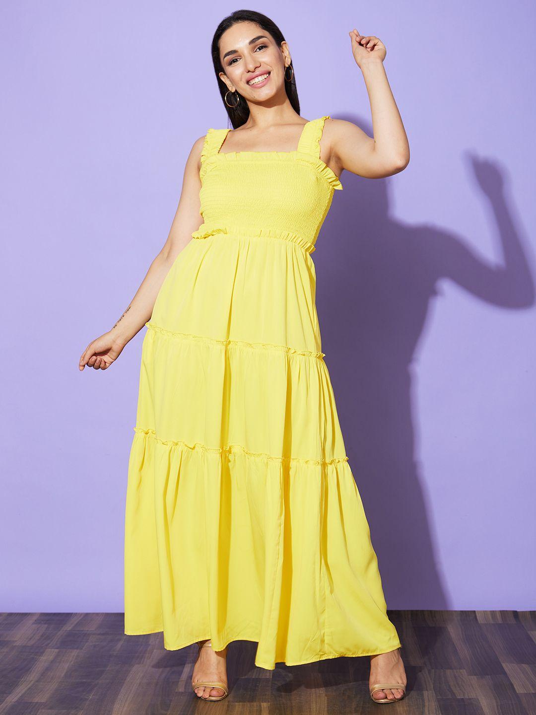 globus yellow georgette shoulder strap tiered maxi dress