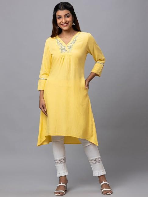 globus yellow regular fit a line kurta