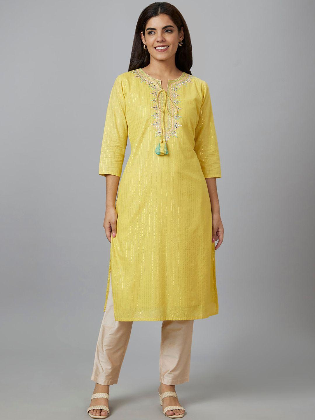 globus yellow striped regular thread work pure cotton straight kurta