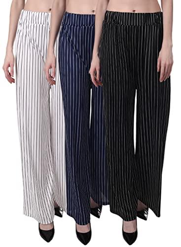 globycraft pack of 3 parallel striped palazzo pant for women & girls (colour: white, black, navyblue) (36) relaxed fit