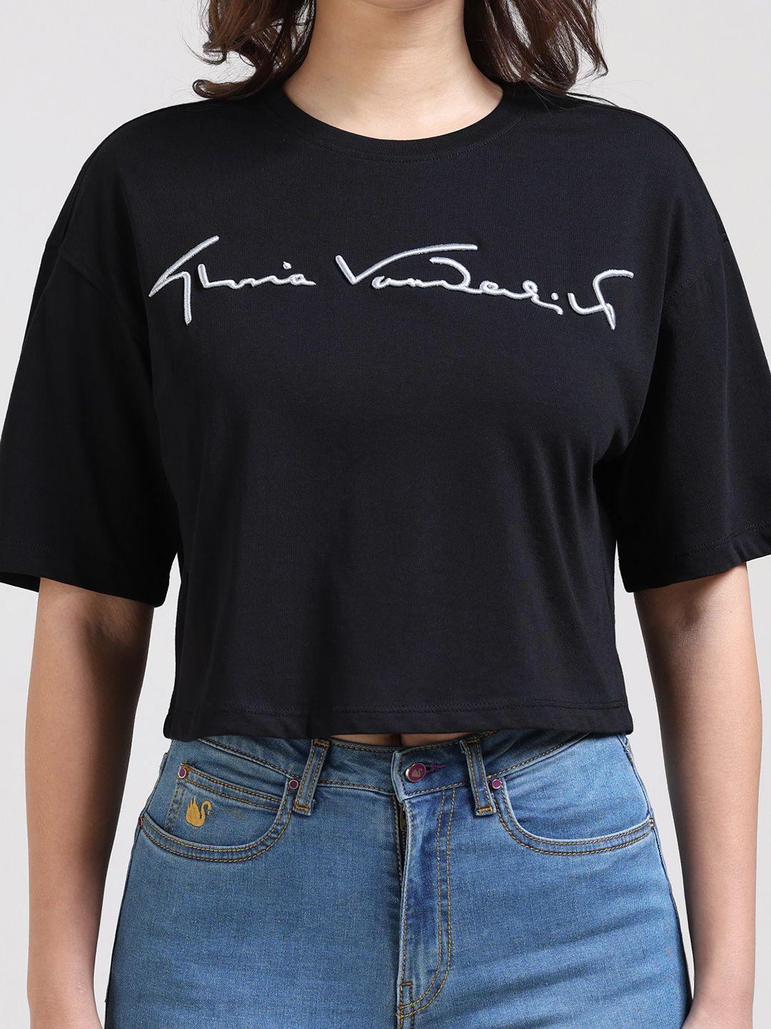 gloria vanderbilt typography printed drop-shoulder sleeves boxy cotton t-shirt