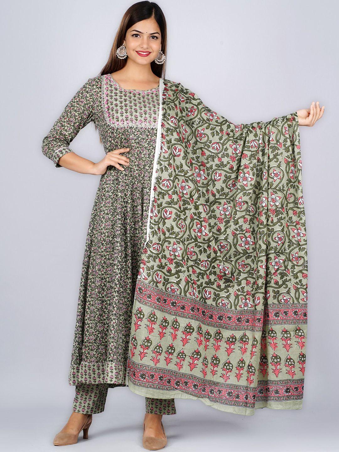 glorious women green floral printed pure cotton kurta with trousers & with dupatta