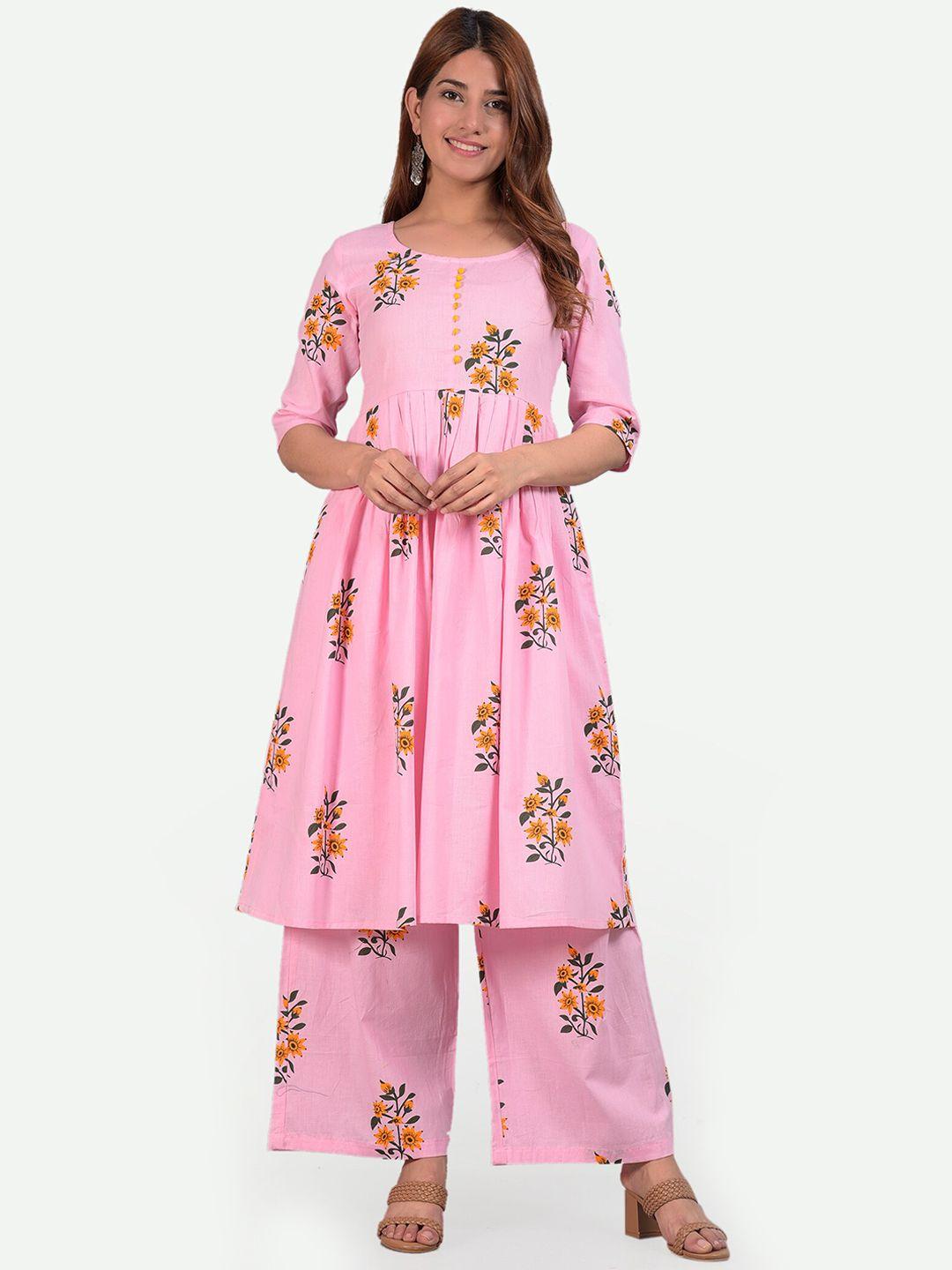 glorious women pink & yellow floral printed pleated pure cotton kurta with trousers
