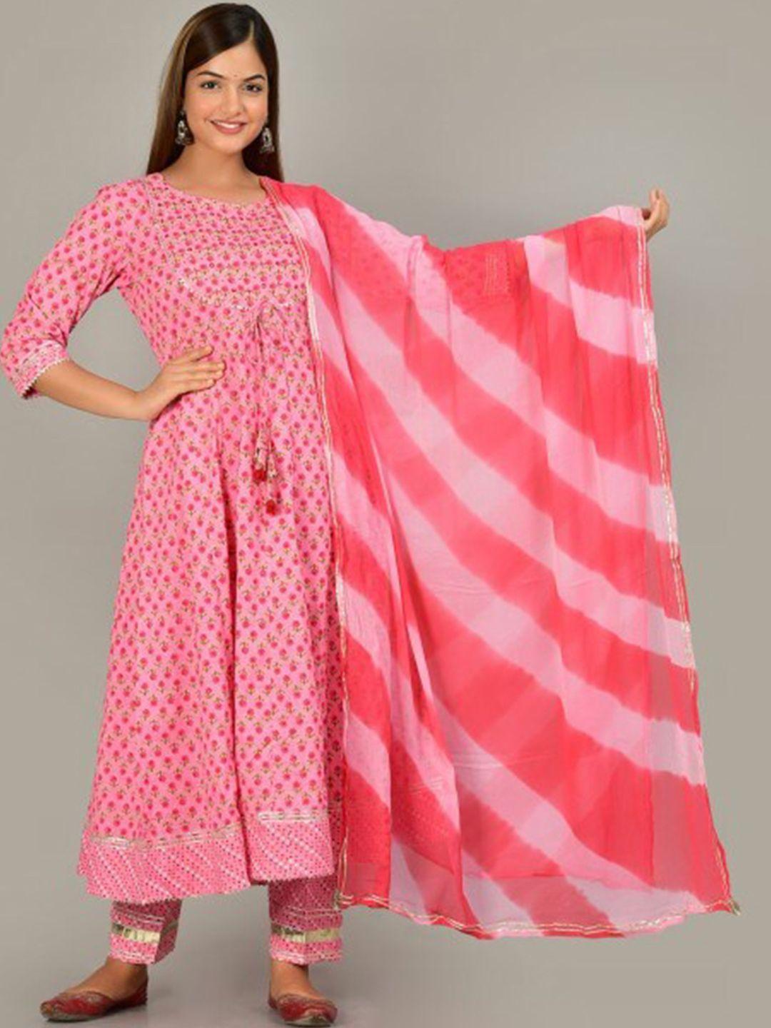 glorious women pink floral printed pure cotton kurta with trousers & with dupatta