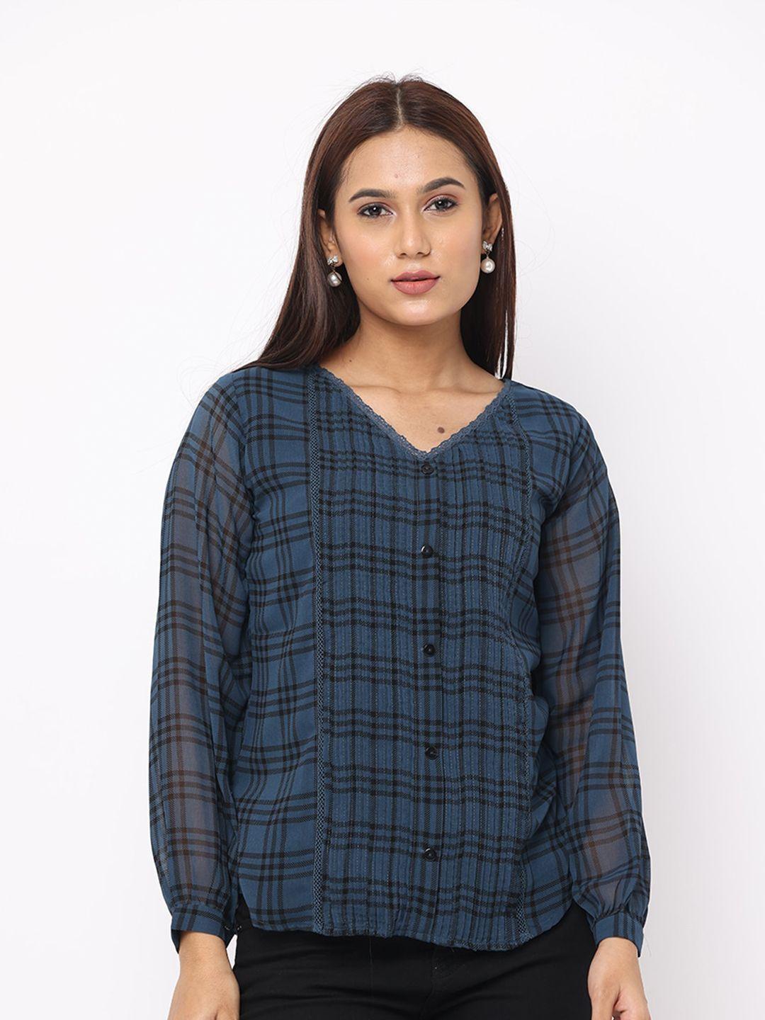 glory & i teal checked georgette top