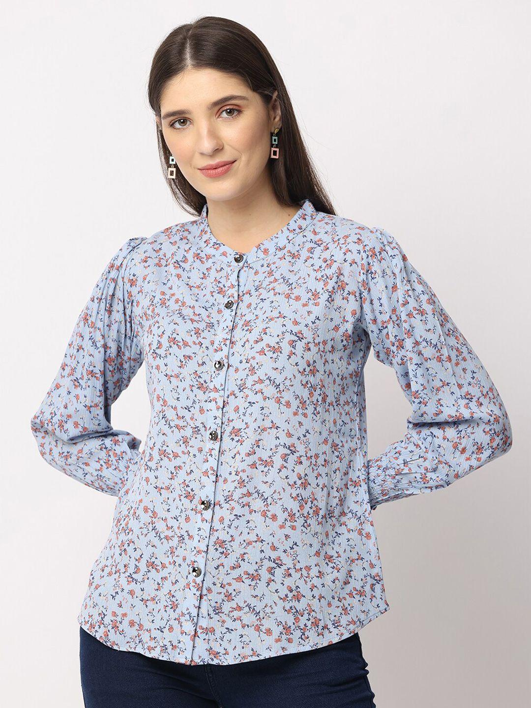 glory & i women blue contemporary floral opaque printed semiformal shirt