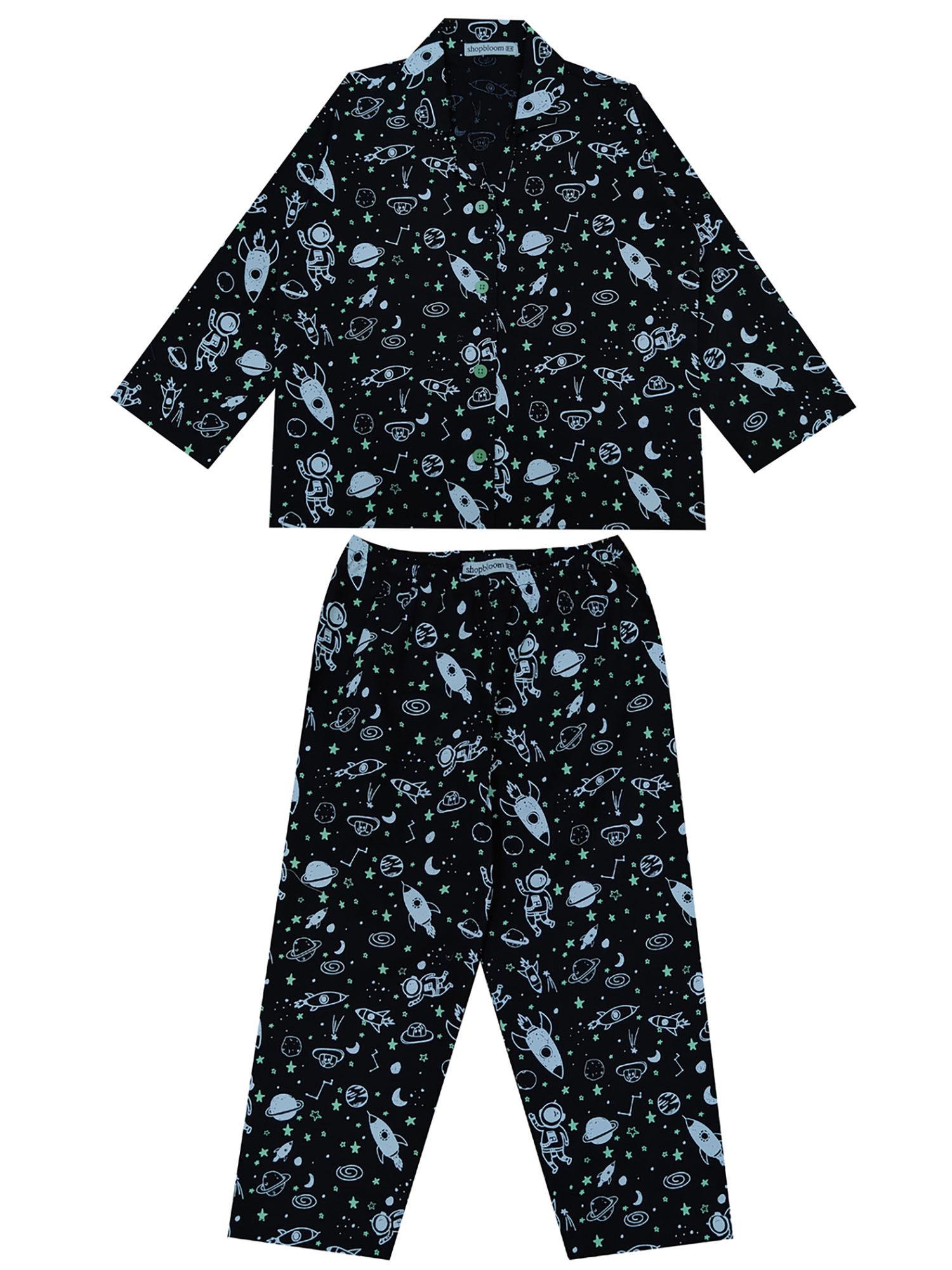 glow in the dark galaxy print long sleeve kids night suit (set of 2)