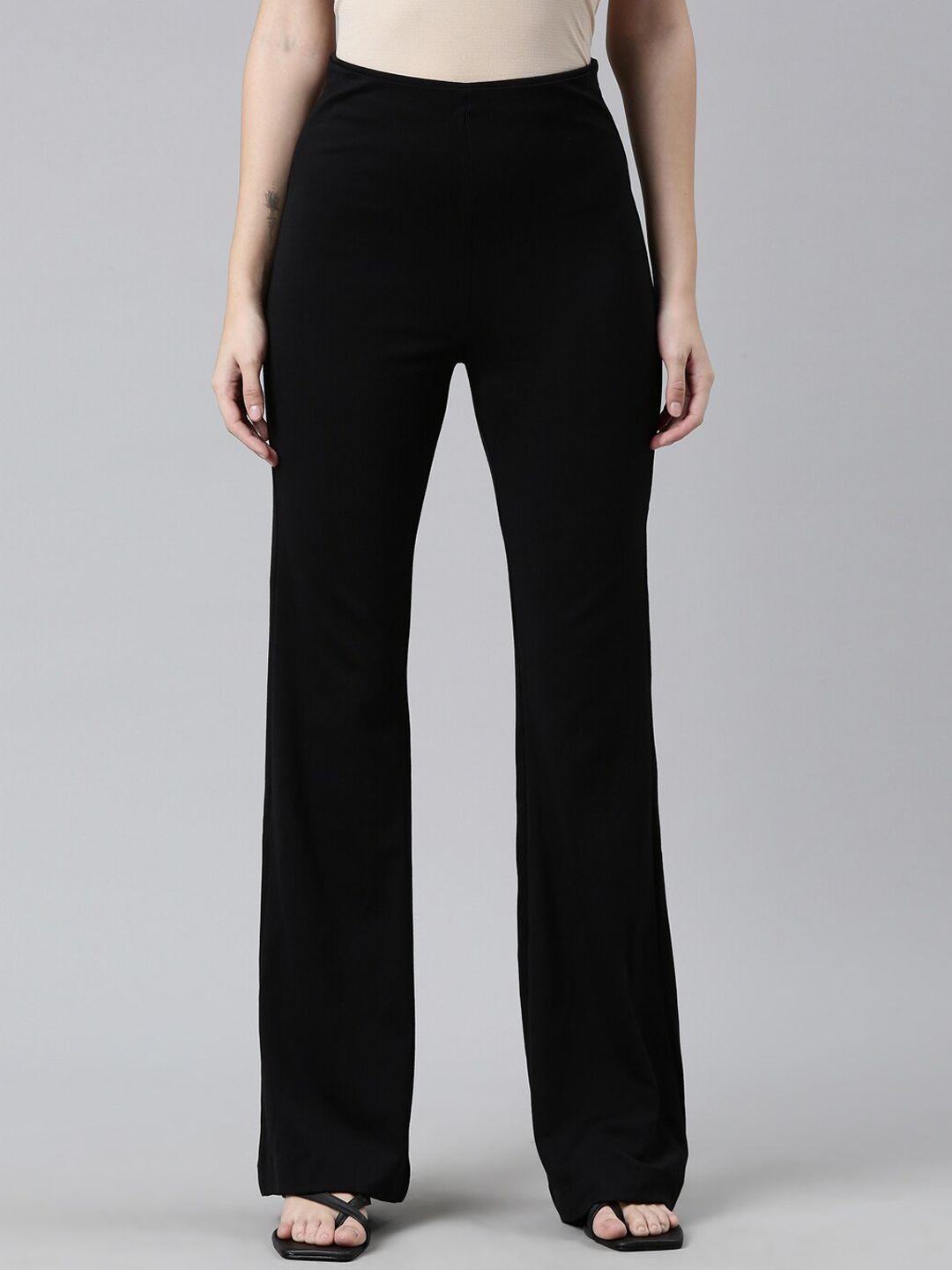 go colors women black relaxed flared high-rise trousers