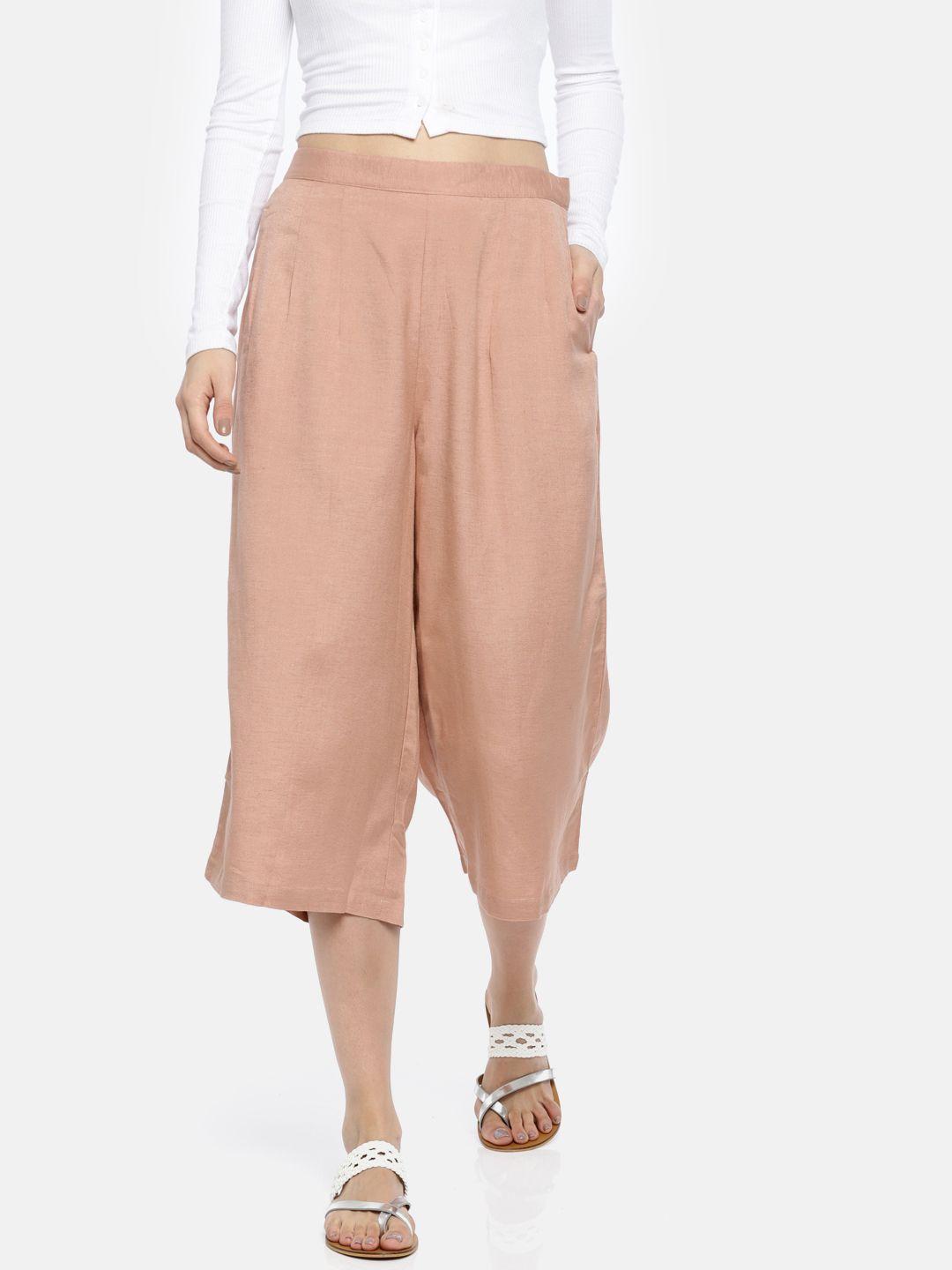 go colors women peach-coloured flared solid culottes