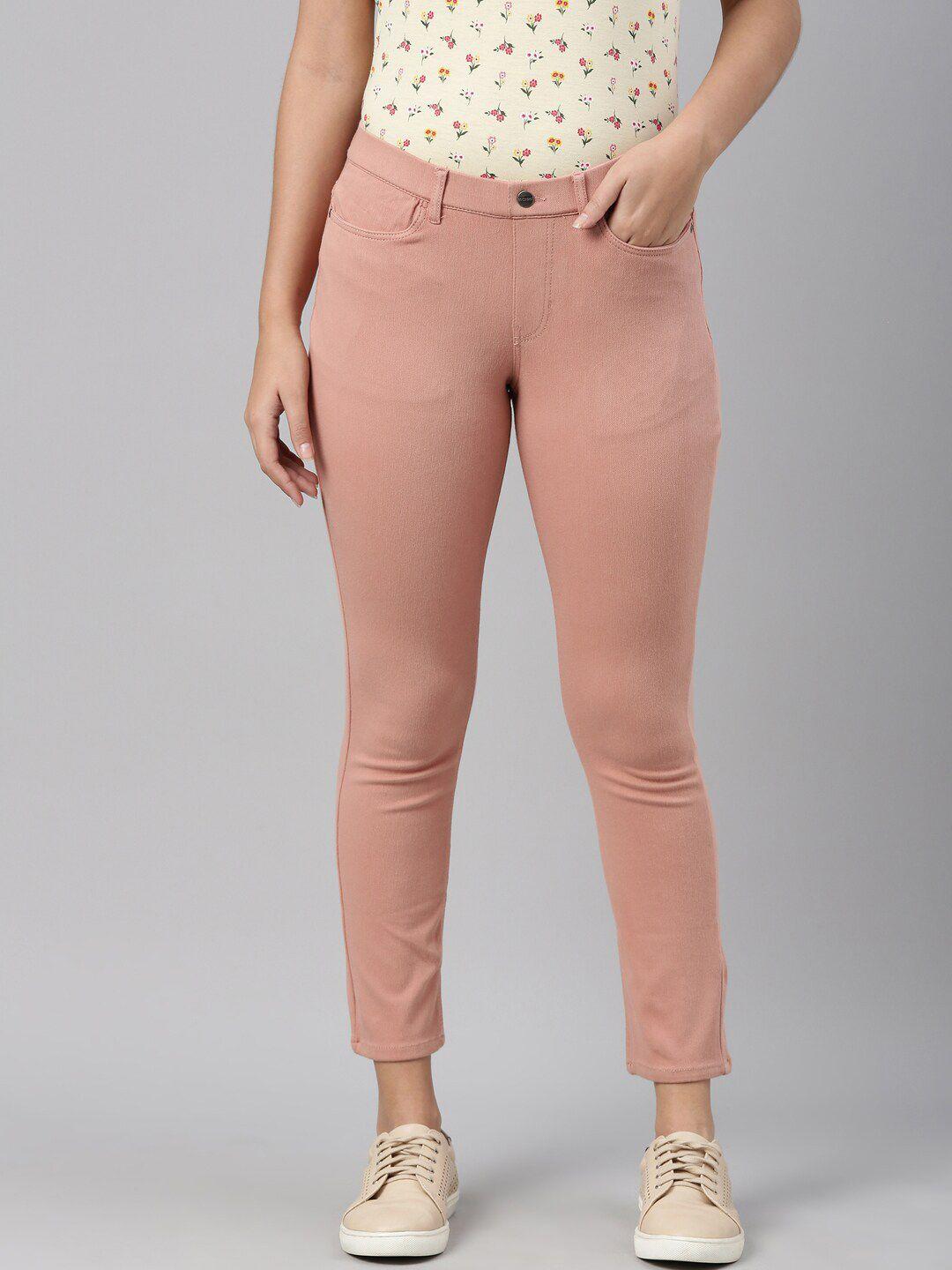 go colors women pink solid slim-fit cropped jeggings