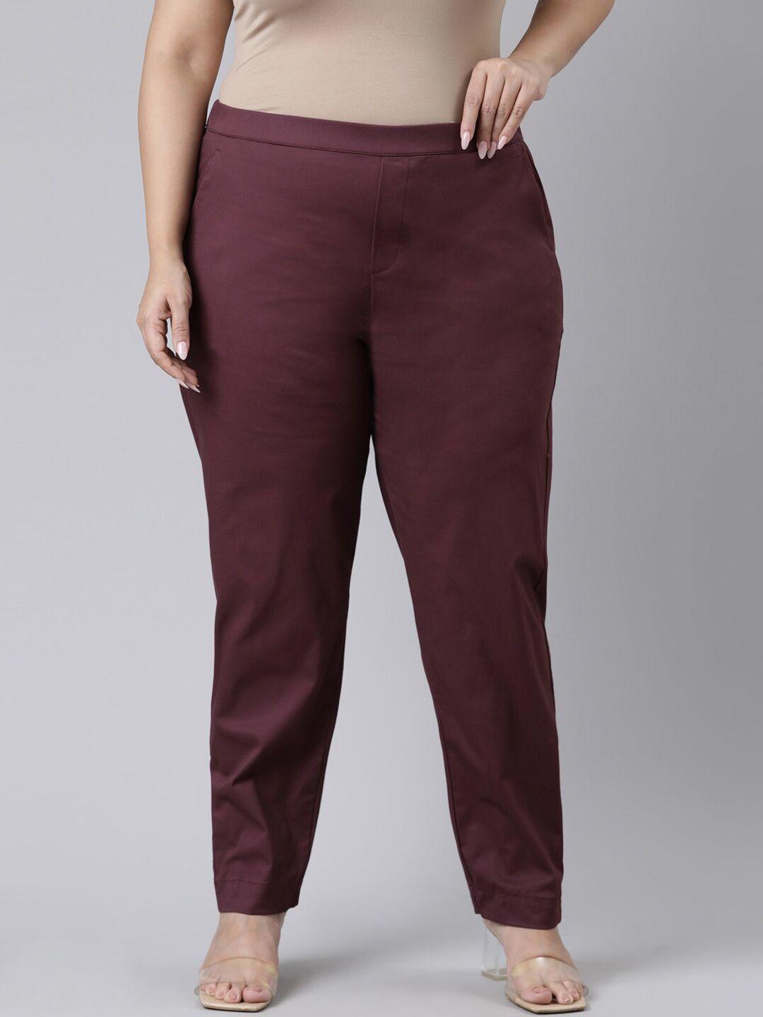 go colors women plus size burgundy cotton straight fit trousers