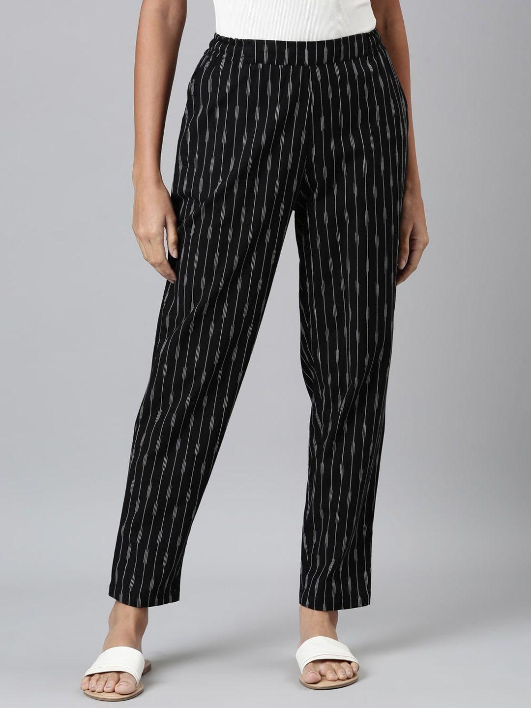go colors women striped straight fit linen regular trousers