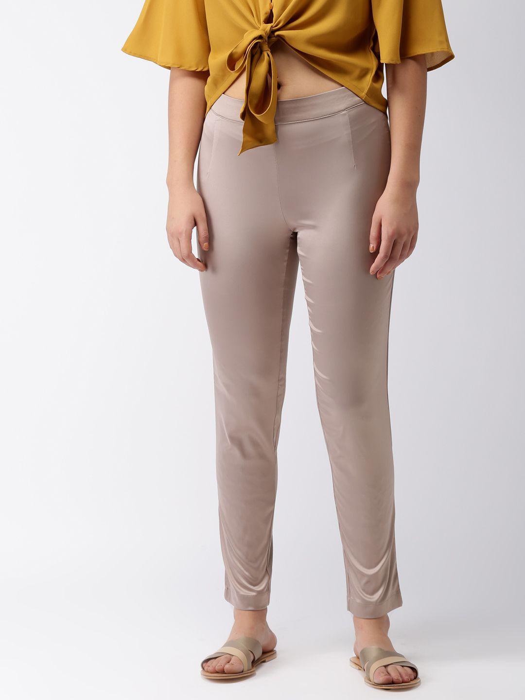 go colors women taupe regular fit solid cropped shiny cigarette trousers