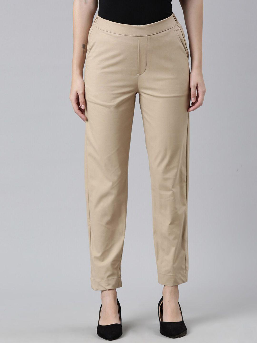 go colors women beige cotton straight fit chinos trousers