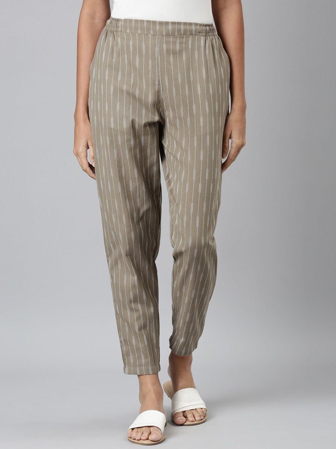 go colors women beige striped straight fit trousers