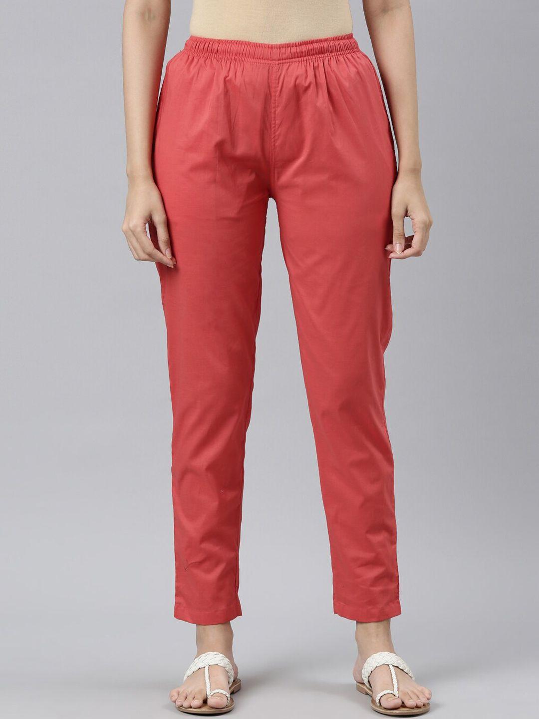 go colors women coral cotton tailored tapered fit trousers