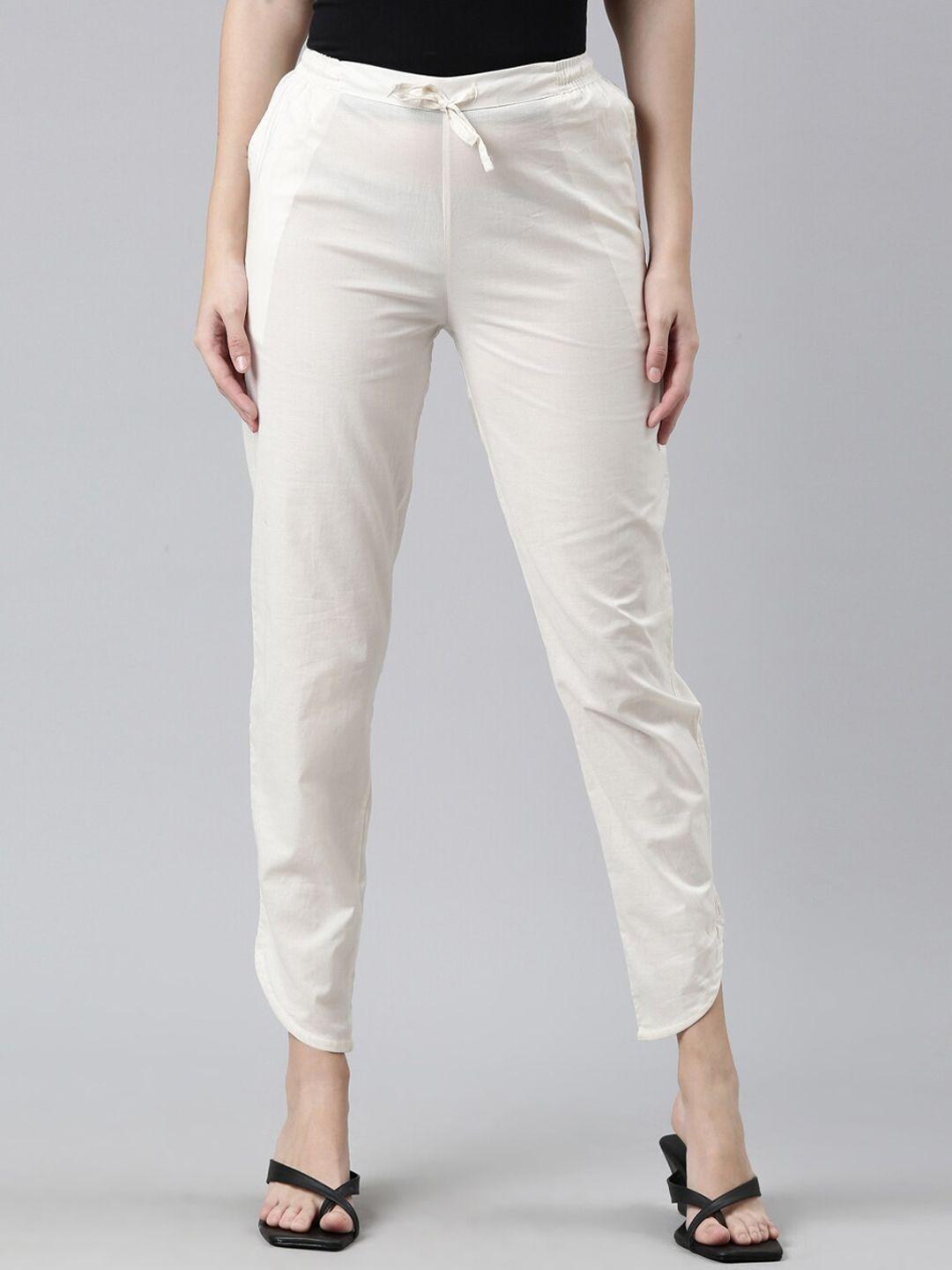 go colors women cream-coloured cotton trousers