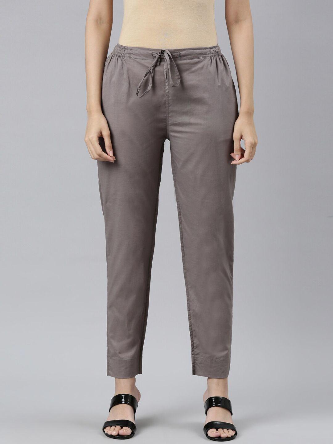 go colors women grey cotton tailored tapered fit pleated trousers