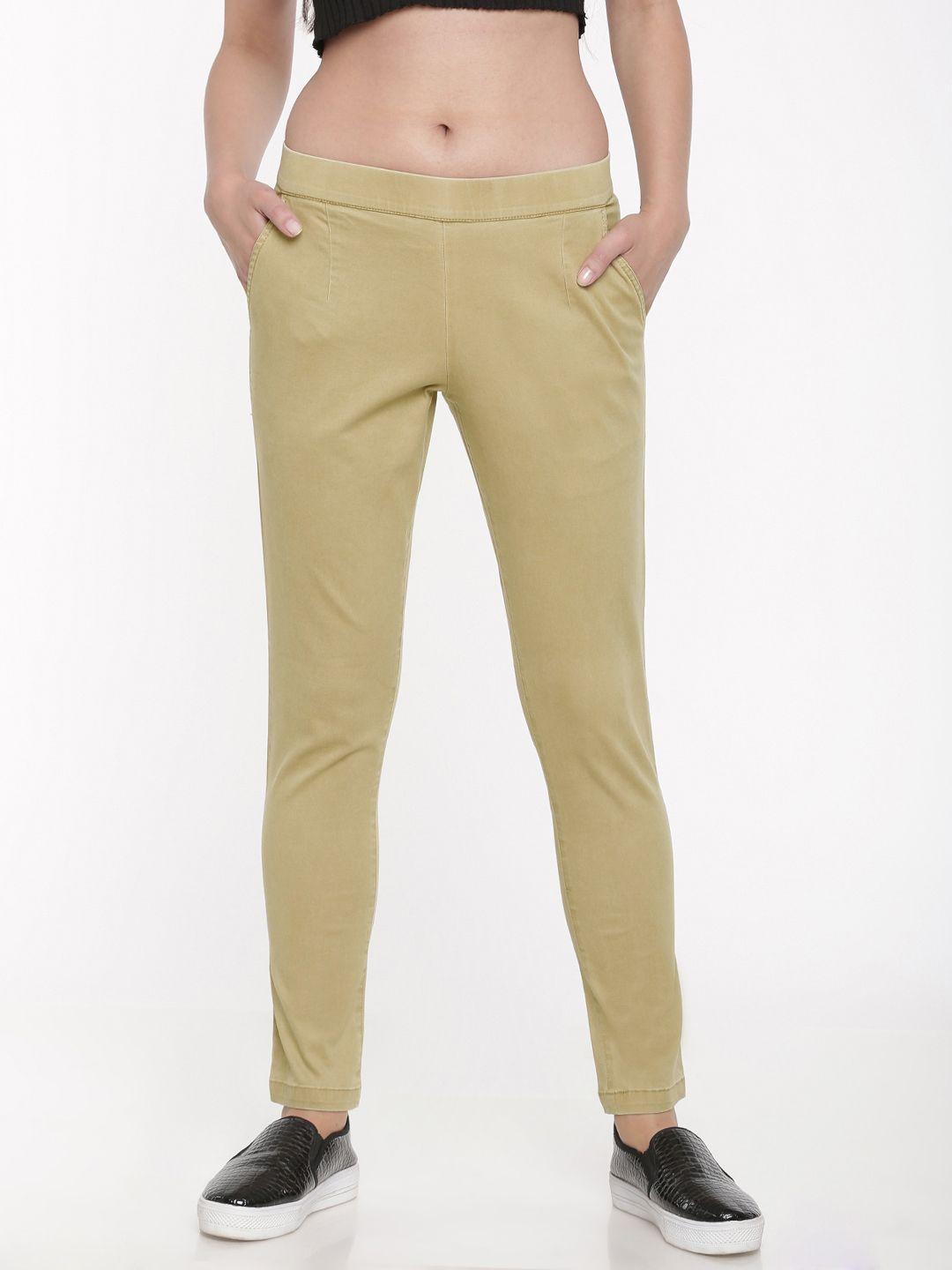 go colors women khaki solid tapered fit treggings