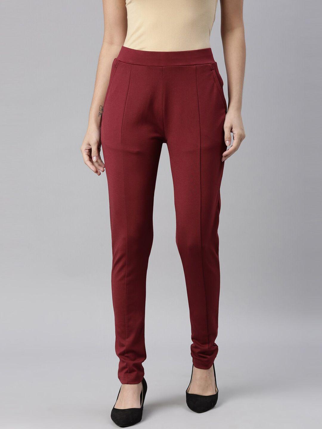 go colors women maroon slim fit trousers