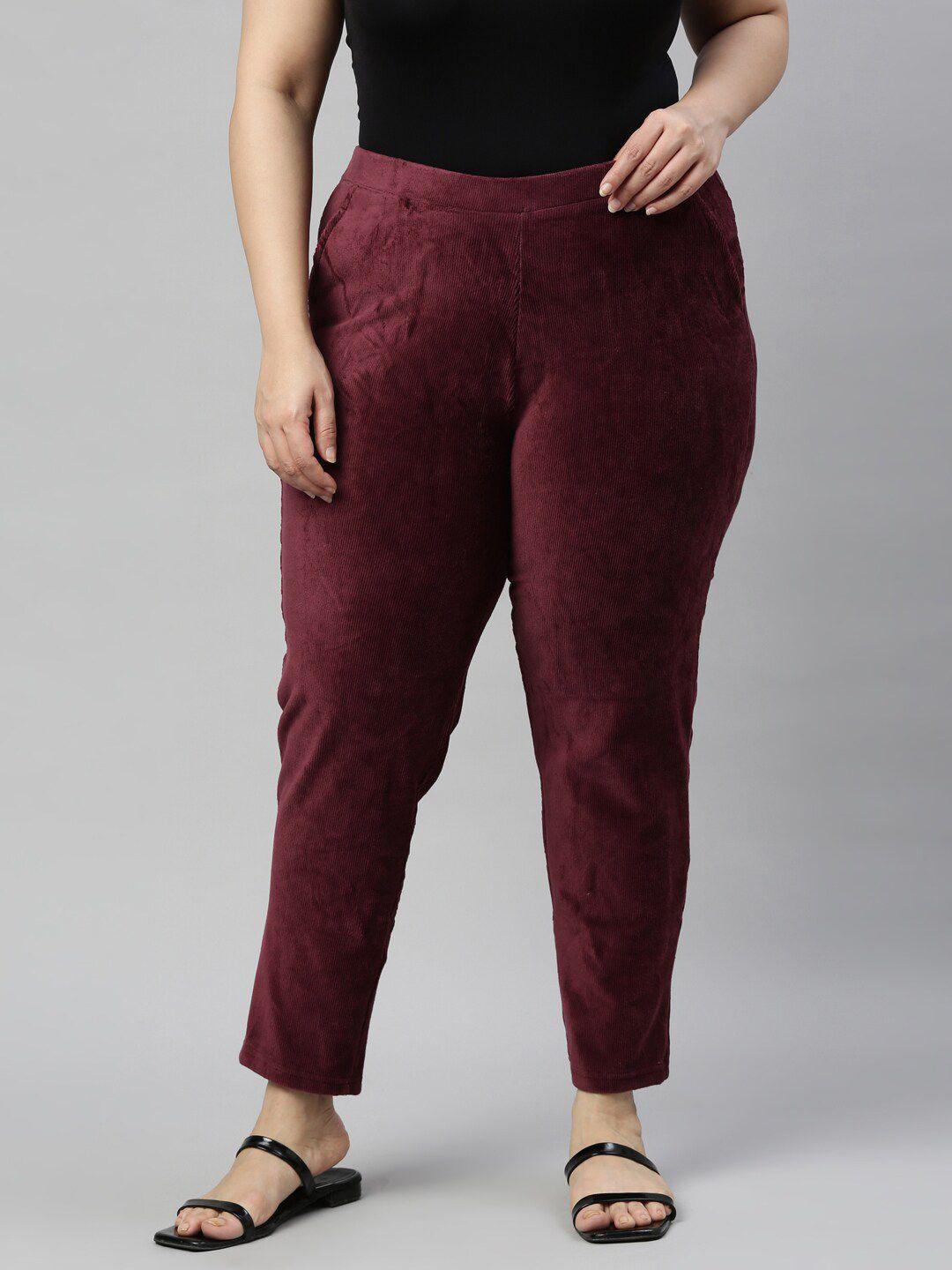 go colors women maroon solid slim-fit corduroy treggings