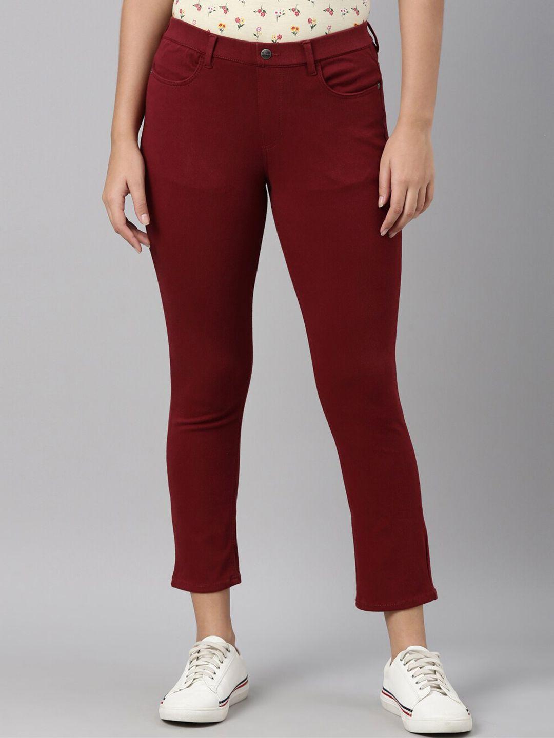 go colors women maroon solid super stretch  cropped jeggings