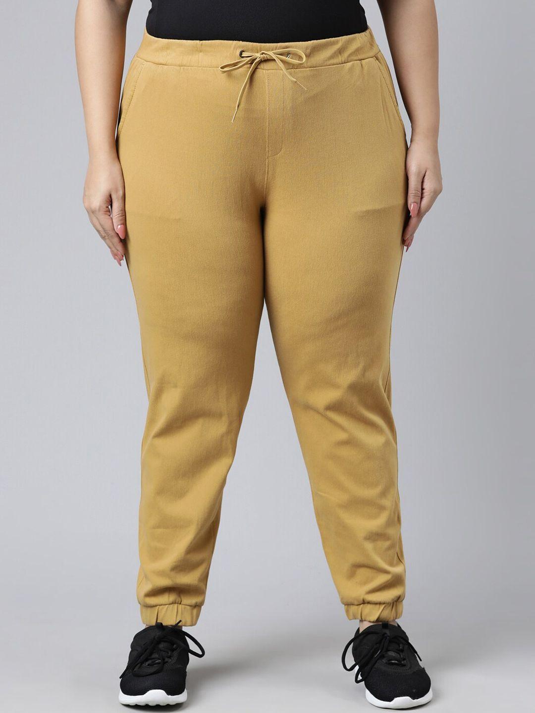 go colors women mustard yellow plus size solid cotton joggers