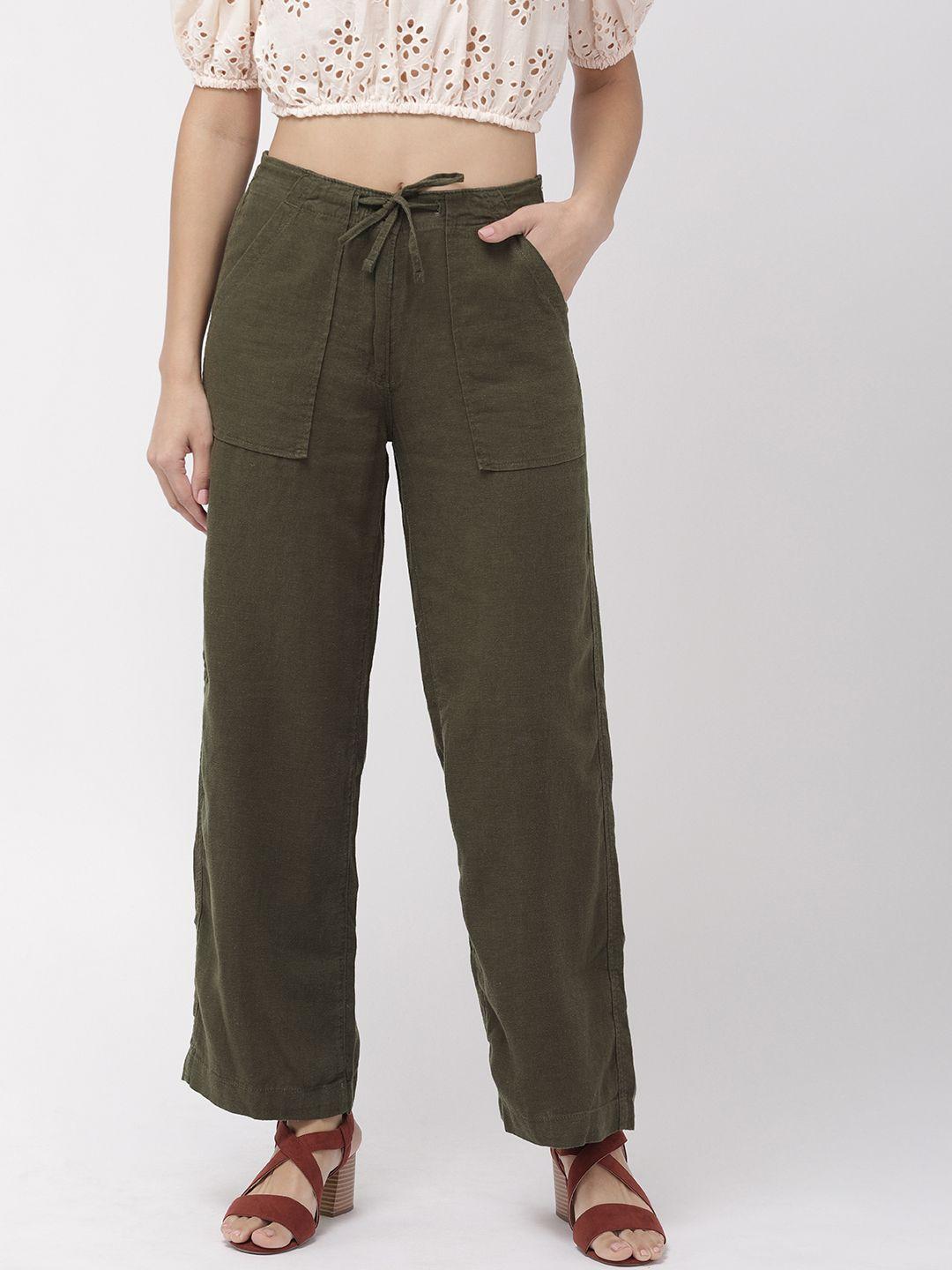 go colors women olive green solid relaxed fit solid parallel trousers