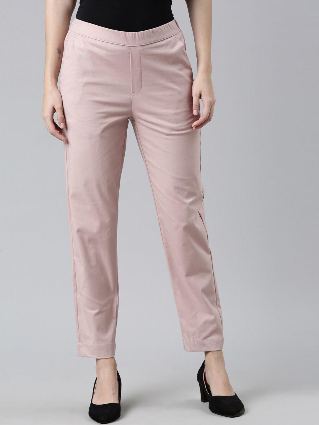 go colors women pink cotton straight fit formal trousers