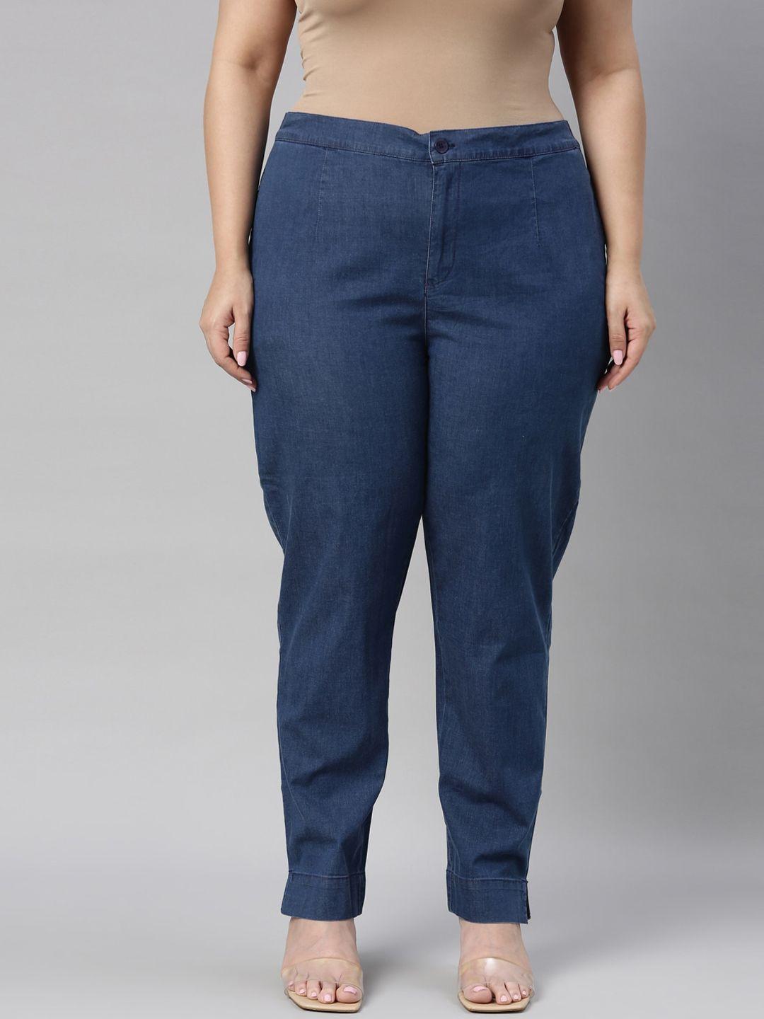 go colors women plus size blue tailored tapered fit trousers