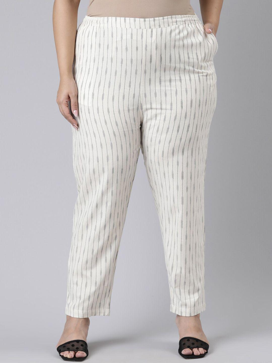 go colors women plus size white striped tailored tapered fit trousers