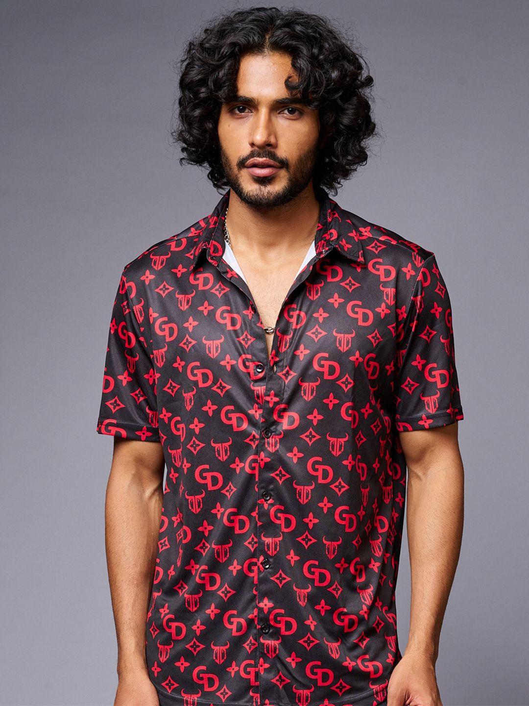 go devil men black floral opaque printed casual shirt