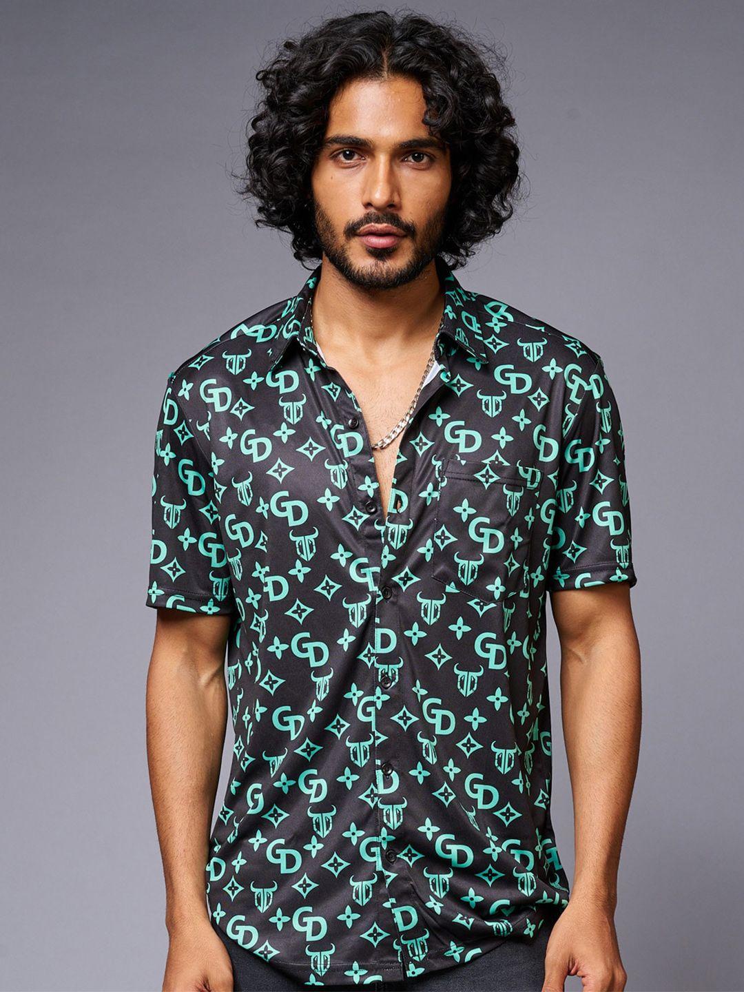 go devil men black floral opaque printed casual shirt