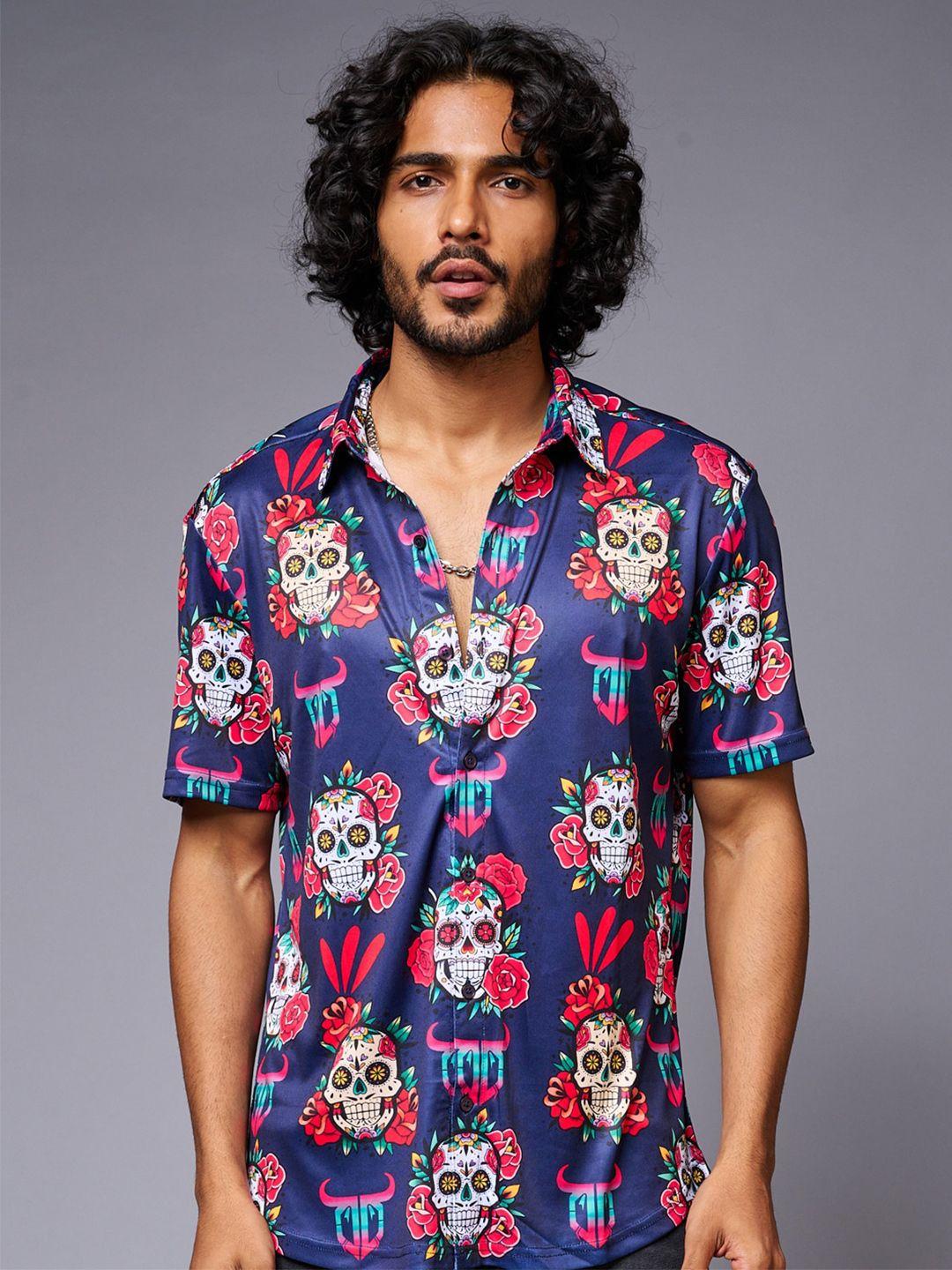 go devil men blue floral opaque printed casual shirt