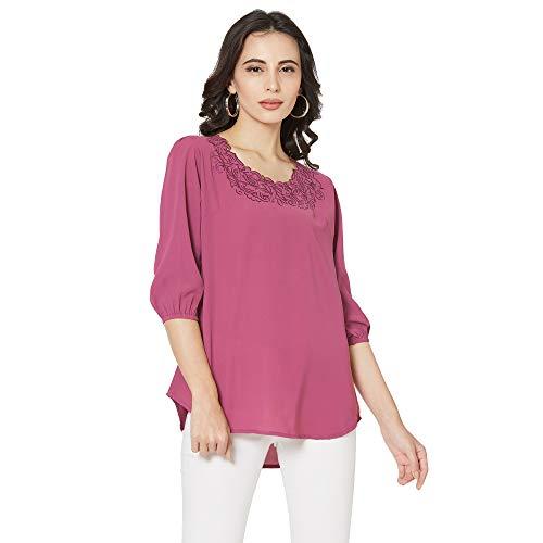 go.4.it women’s 3/4 sleeves georgette top with cutwork embroidery in neck (2xl, magenta)