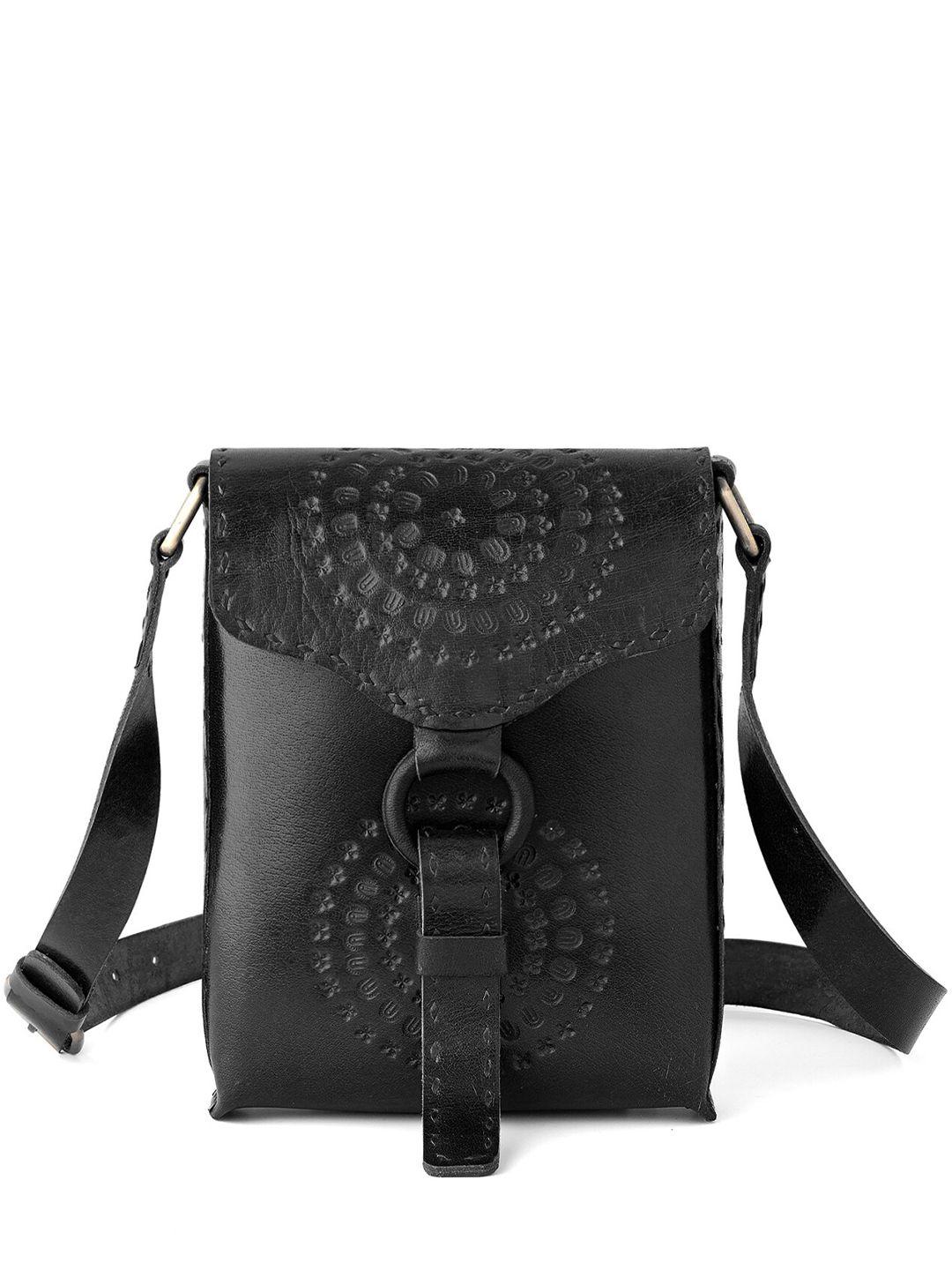 goatter black leather structured sling bag with tasselled