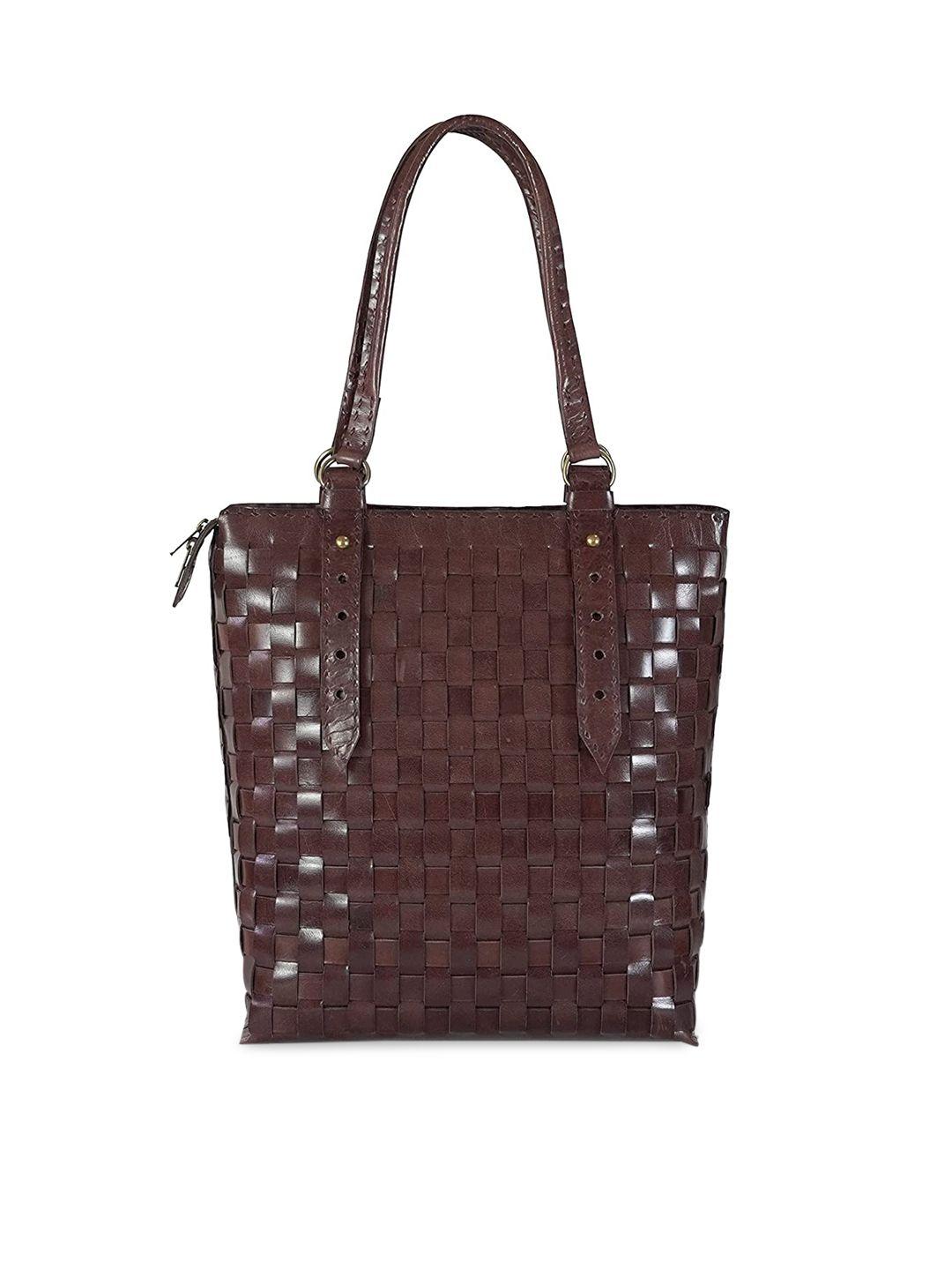 goatter coffee brown checked leather structured shoulder bag with quilted