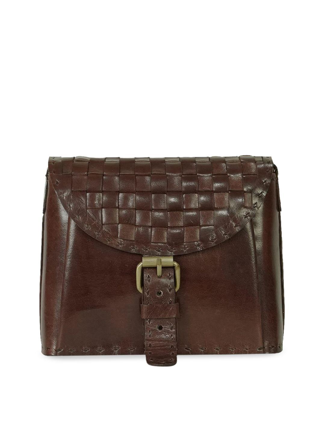 goatter coffee brown leather structured sling bag with cut work