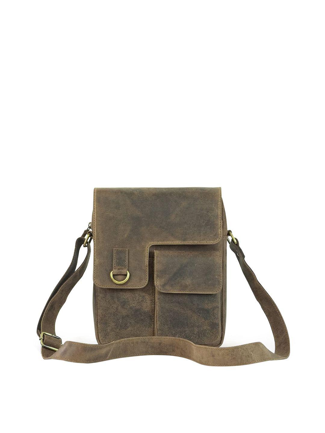 goatter men coffee brown & gunmetal-toned leather messenger bag