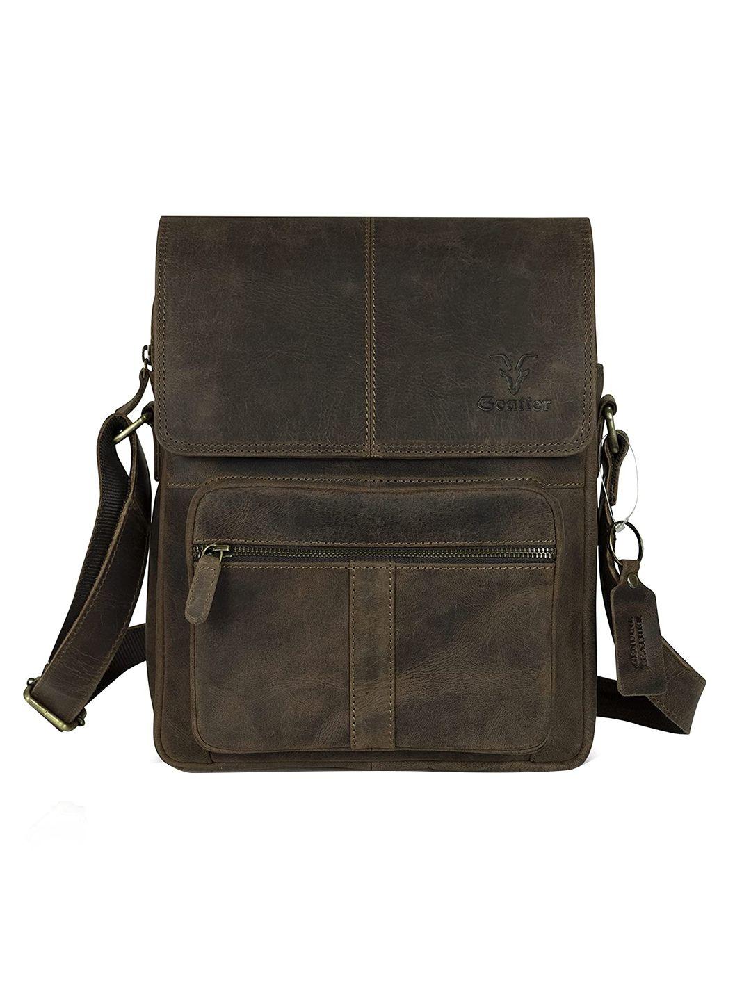 goatter men coffee brown leather messenger bag