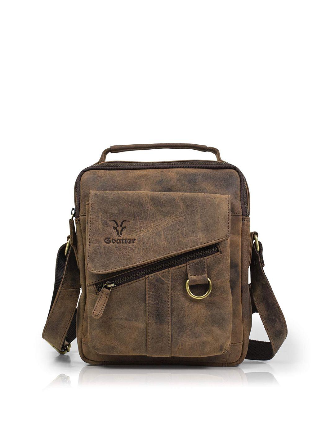 goatter men coffee brown leather messenger bag