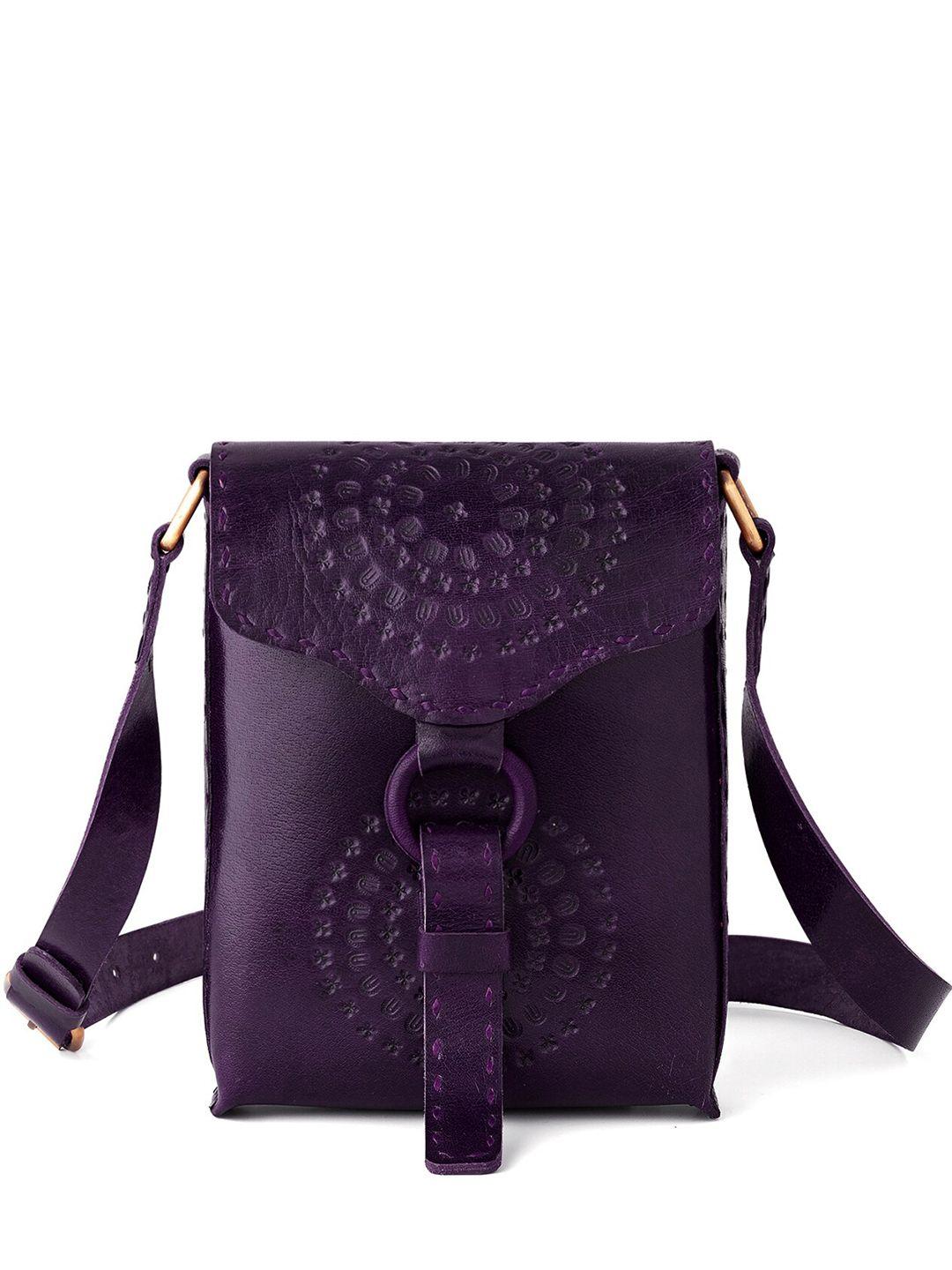 goatter purple textured leather structured sling bag with tasselled