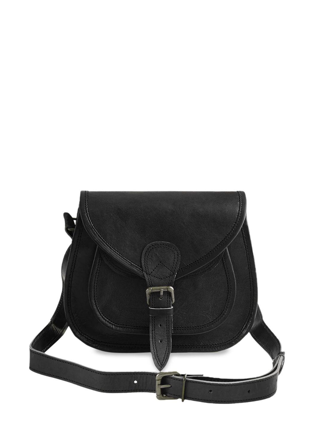 goatter women black leather structured sling bag