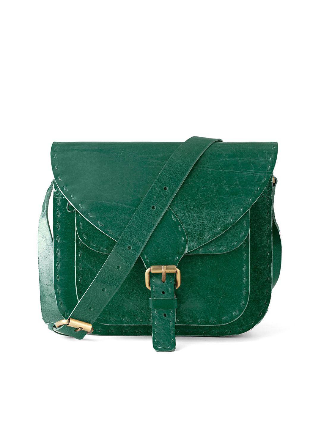 goatter women green textured leather structured sling bag