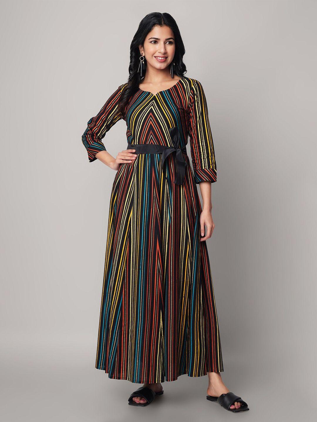 god bless black & orange striped ethnic rayon maxi dress