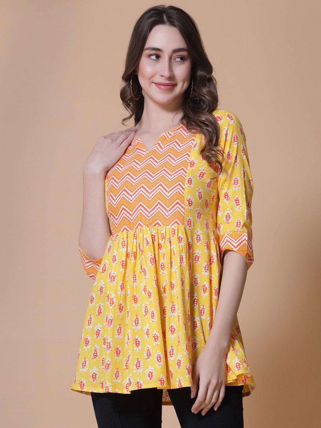 god bless ethnic motifs printed notched neck pleated cotton a-line top